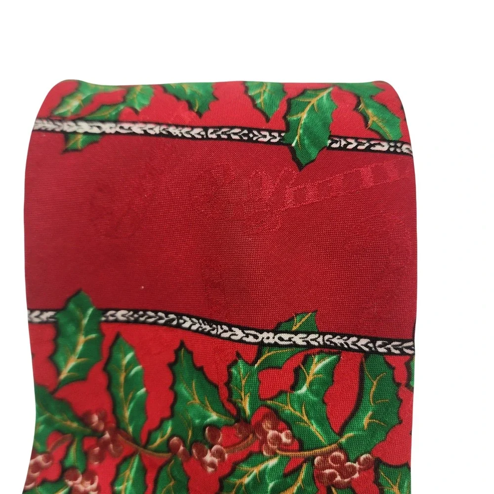 Vintage Hallmark Yule Tie Greetings Christmas Holly Candy Cane Red Silk Tie USA